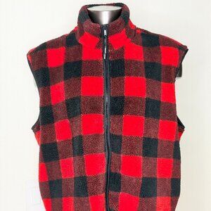 Target x Woolrich Buffalo Plaid Faux Shearling Vest L Full 2 Way Zip Red Blk NWT